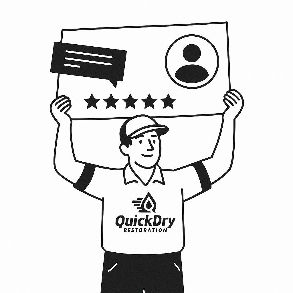 Quick Dry Restoration Technician holding review card